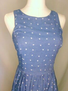 RnB Blue Chambray Heart Print Fit & Flare Dress Lace Hem Keyhole Back M